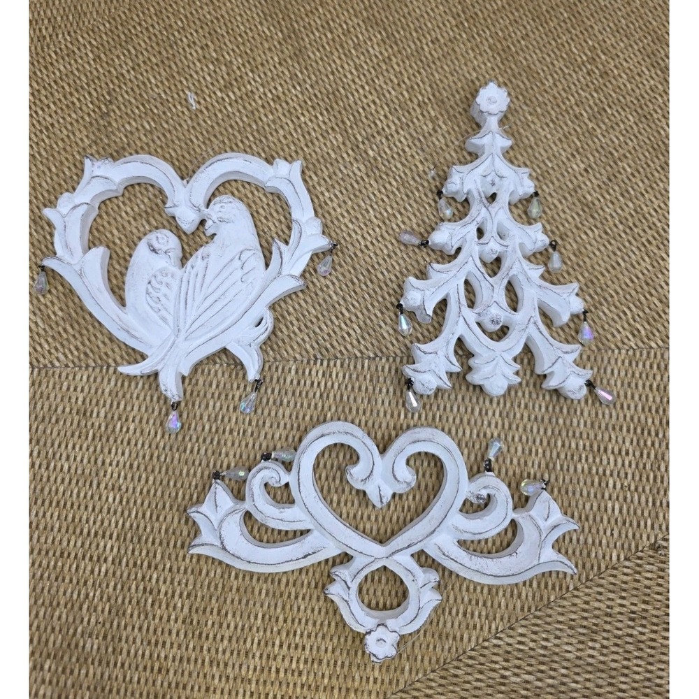 Shabby Chic Resin Ornaments Set of 3 Birds Heart Tree Scroll w/ Crystal Drops